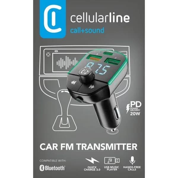 Transmisor FM de coche, bluetooth, permite carga y manos libres, 20W CELLULAR LINE - 1 ud - Imagen del producto en Findit