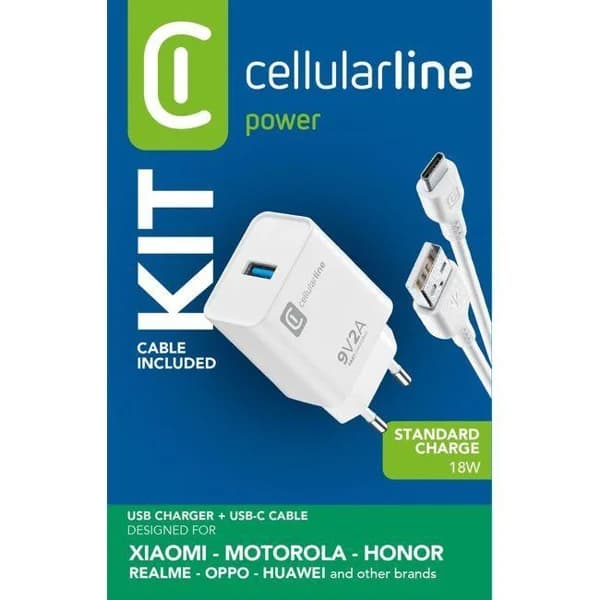 Kit: Cargador de red 18W y cable USB a USB-C de 100 cm, blanco CELLULAR LINE - 1 ud - Imagen del producto en Findit