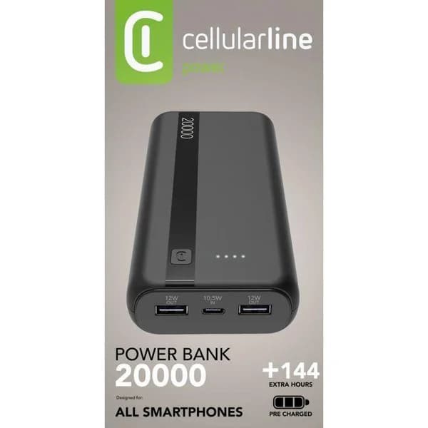Batería externa negra, PowerbanK 20000 mAH, PBENTRY20000K CELLULAR LINE - 1 ud - Imagen del producto en Findit