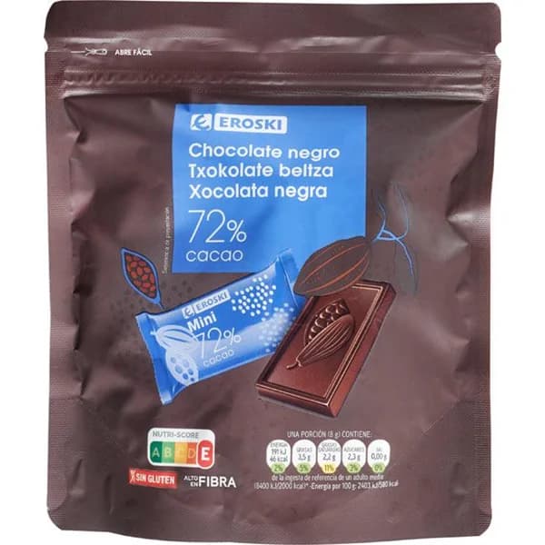Chocolate negro 72% cacao en porciones EROSKI, bolsa 175 g - 0.18 kg - Imagen del producto en Findit