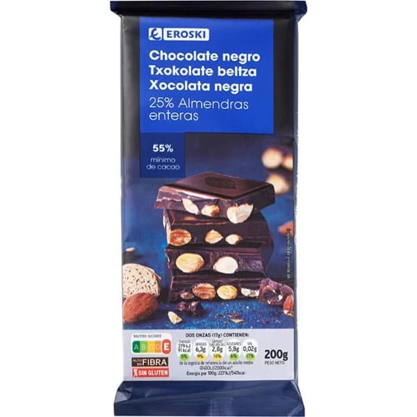 Chocolate negro con almendras EROSKI, tableta 200 g - 0.2 kg - Imagen del producto en Findit