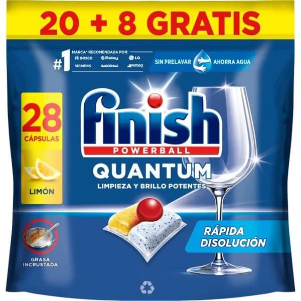 Lavavajillas máquina limón FINISH QUANTUM, bolsa 20+8 dosis - 8 ud - Imagen del producto en Findit