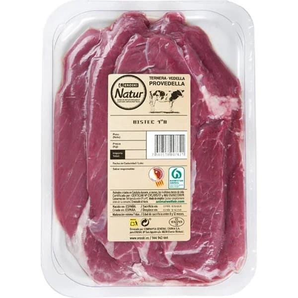 Bistec 1ªB ternera Provedella EROSKI NATUR, bandeja aprox 475 g - 0.48 kg - Imagen del producto en Findit