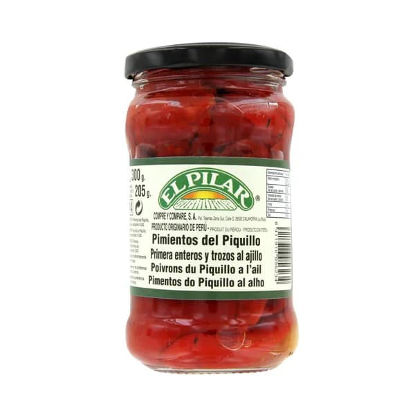 EL PILAR Pimientos del Piquillo enteros al ajillo frasco de 220 g. - 0.23 kg - Imagen del producto en Findit