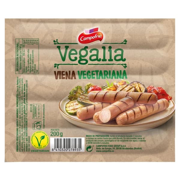 CAMPOFRÍO Salchichas vegetarianas tipo Viena cocidas y ahumadas, elaboradas sin carne y sin gluten CAMPOFRÍO Vegalia 200 g. - 0.2 kg - Imagen del producto en Findit