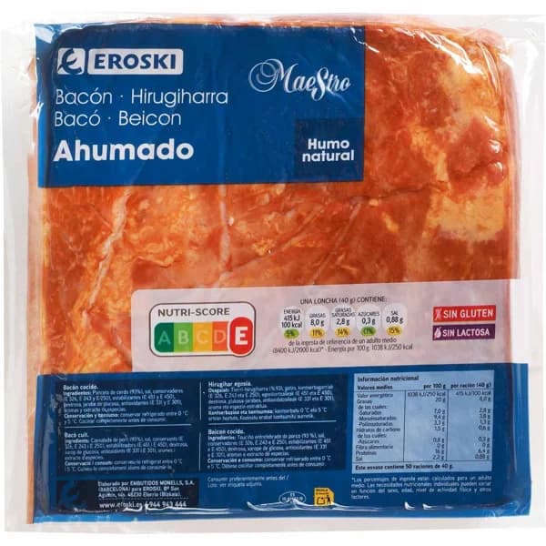 Bacón ahumado natural EROSKI Maestro, al corte, compra mínima 100 g - 0.1 kg - Imagen del producto en Findit