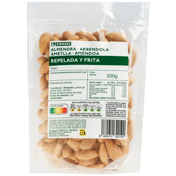 Avellana repelada frita EROSKI, bandeja 200 g - 0.2 kg - Imagen del producto en Findit