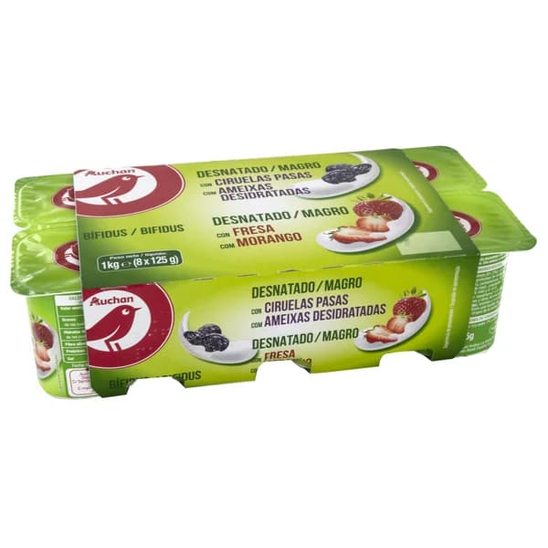 AUCHAN Bifidus desnatado con trocitos de fresas y ciruelas pasas 8 x 125 g. Producto Alcampo - 1 kg - Imagen del producto en Findit