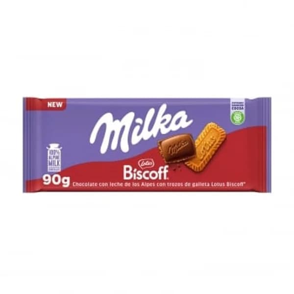 Chocolate con leche con trozos de galleta Lotus Milka 90 g. - 0.09 kg - Imagen del producto en Findit