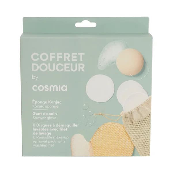 COSMIA Estuche con esponja Konjac, discos desmaquillates lavables (6 uds) y guante exfoliante. - 1 ud - Imagen del producto en Findit