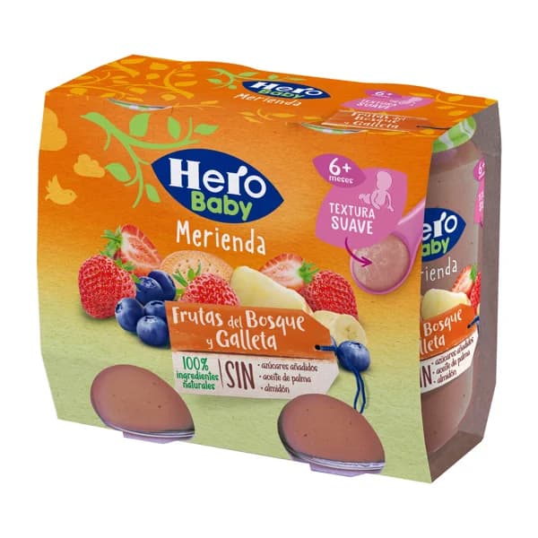 HERO Merienda Tarritos de fruta (manzana, plátano, fresa y arándanos) y galleta, a partir de 6 meses 2 x 190 g. - 0.38 kg - Imagen del producto en Findit
