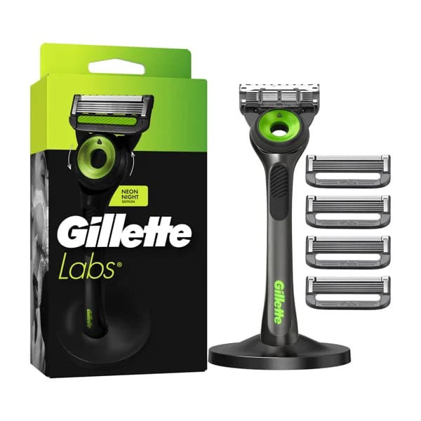 GILLETTE Labs neon night Maquinilla de afeitar con cabezal pivotante de 5 hojas + 4 recambios. - 1 ud - Imagen del producto en Findit