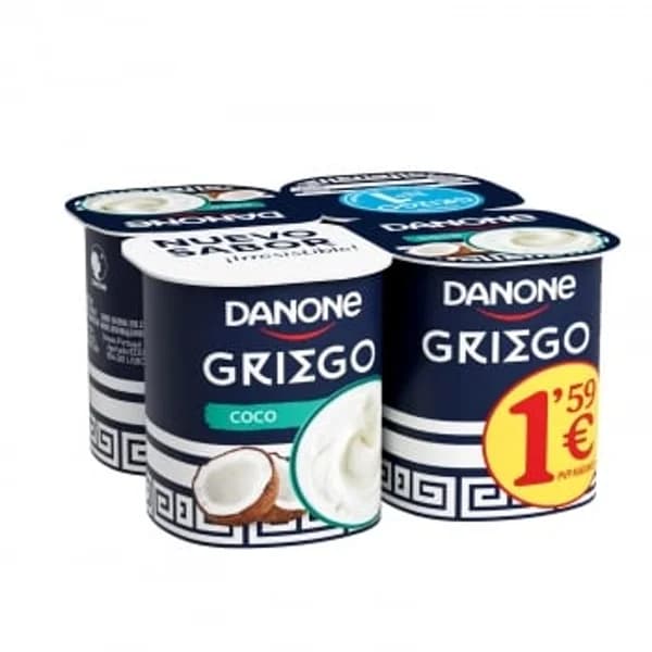 Yogur griego con coco Danone sin gluten pack de 4 unidades de 110 g. - 0.44 kg - Imagen del producto en Findit