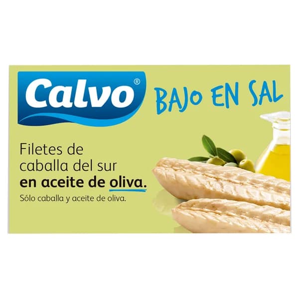 CALVO Caballa filetes en aceite de oliva, bajo en sal 120 g. - 0.08 kg - Imagen del producto en Findit