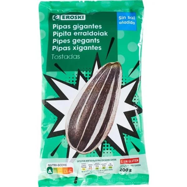 Pipas tostadas sin sal EROSKI, bolsa 200 g - 0.2 kg - Imagen del producto en Findit