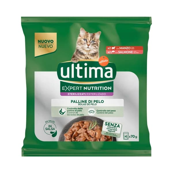 ULTIMA Expert nutrition Alimento para gatos adultos esterilizados (1-10 años) propensos desarrollo bolas de pelo 4 x 70 g. - 0.28 kg - Imagen del producto en Findit