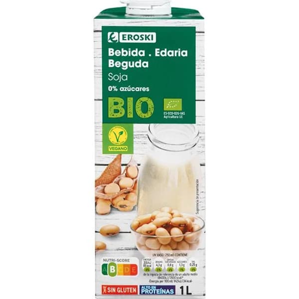Bebida vegetal de soja 0% azúcares EROSKI BIO, brik 1 litro - 1 l - Imagen del producto en Findit