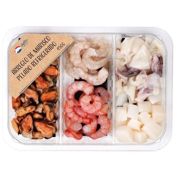 Arreglo marisco pelado para paella DELFIN, bandeja 450 g - 0.45 kg - Imagen del producto en Findit