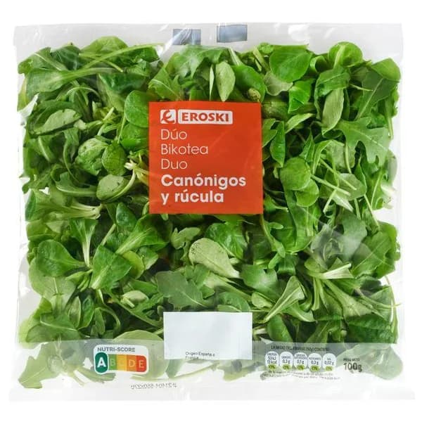 Dúo de canónigos y rúcula EROSKI, bolsa 100 g - 0.1 kg - Imagen del producto en Findit