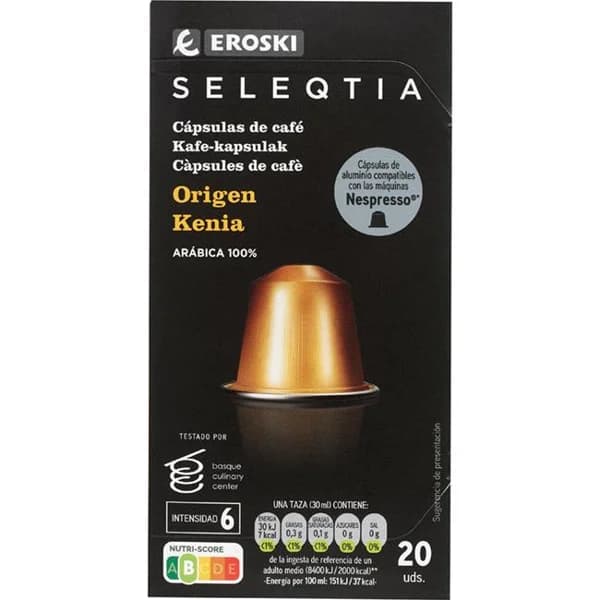 Café Kenya compatible Nespresso EROSKI SELEQTIA, caja 20 uds - 20 ud - Imagen del producto en Findit