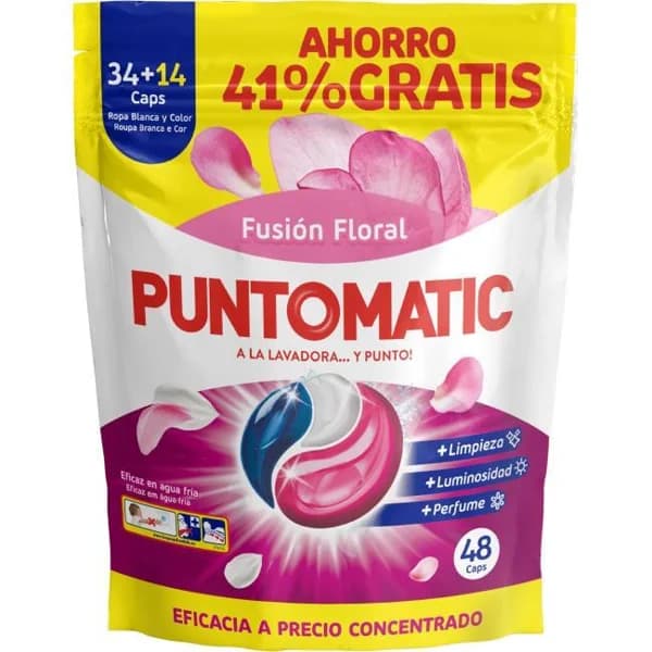 Detergente floral en cápsulas PUNTOMATIC, bolsa 34+14 dosis - 1 ud - Imagen del producto en Findit