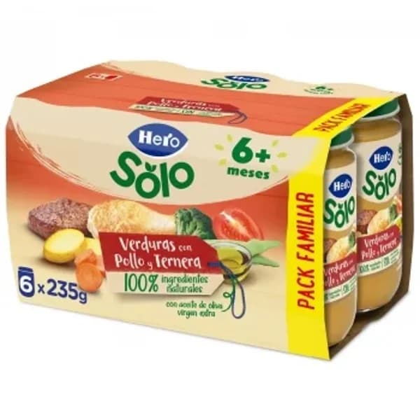 Tarrito de verduras con pollo y ternera desde 6 meses Hero Solo sin gluten pack de 6 unidades de 235 g. - 1.41 kg - Imagen del producto en Findit