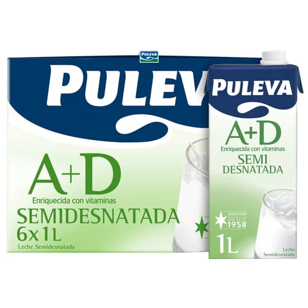 PULEVA Leche semidesnatada de vaca, enriquecida con vitaminas A y D y de origen 100% español 6 x 1l. - 6 l - Imagen del producto en Findit