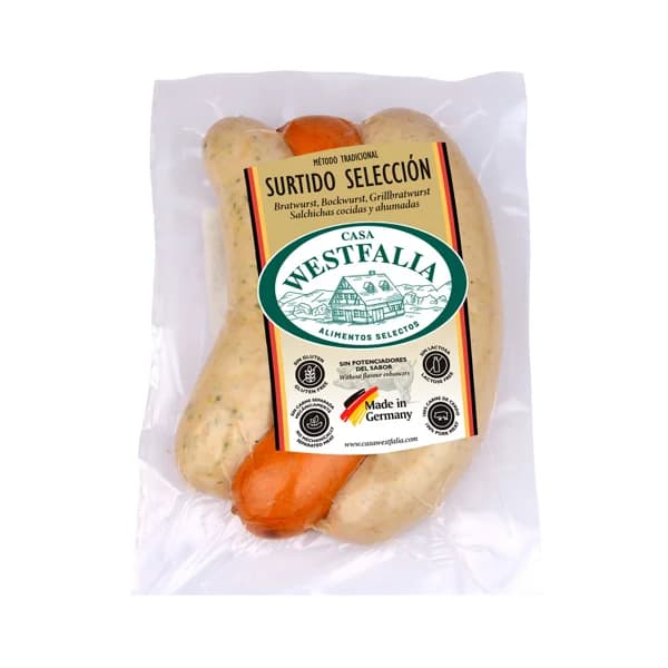 CASA WESTFALIA Selección Surtido de salchichas alemanas Bratwurst (1), Bockwurst (1) y Bratwurst estilo Thüringer (1). - 0.27 kg - Imagen del producto en Findit