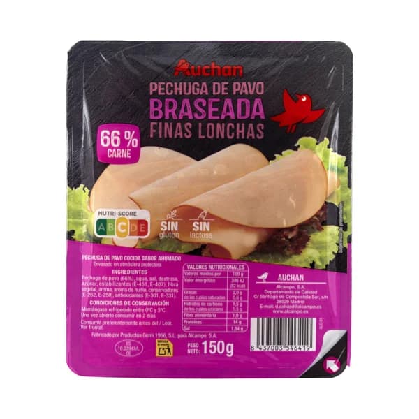 AUCHAN Pechuga de pavo braseada cortada en lonchas finas 150 g. Producto Alcampo - 0.15 kg - Imagen del producto en Findit
