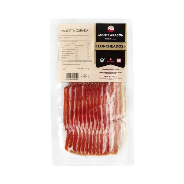 MONTE ARAGÓN Panceta curada cortada en finas lonchas y envasada al vacio MONTE ARAGÓN 100 g. - 0.1 kg - Imagen del producto en Findit