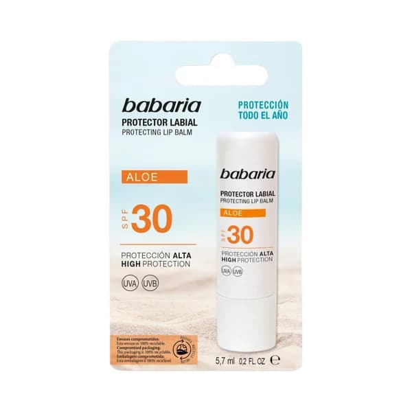 BABARIA Protector solar labial con aloe vera y FPS 30 (alto). - 1 ud - Imagen del producto en Findit