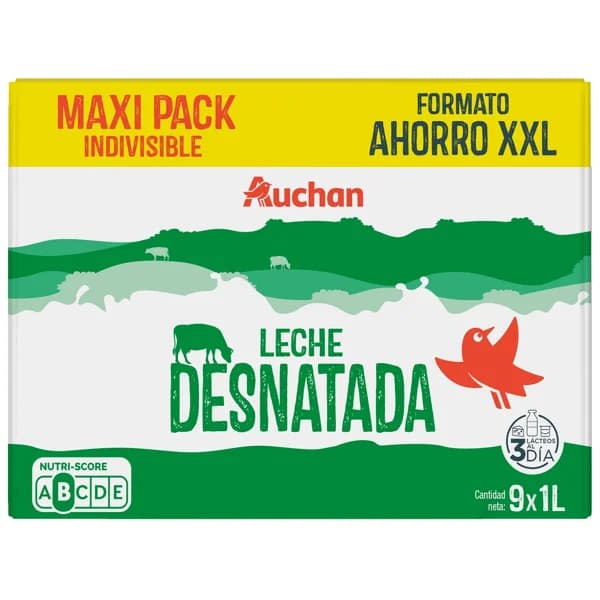 AUCHAN Leche de vaca desnatada, Maxi Pack Ahorro XXL 9 x 1 l Producto Alcampo. - 9 l - Imagen del producto en Findit