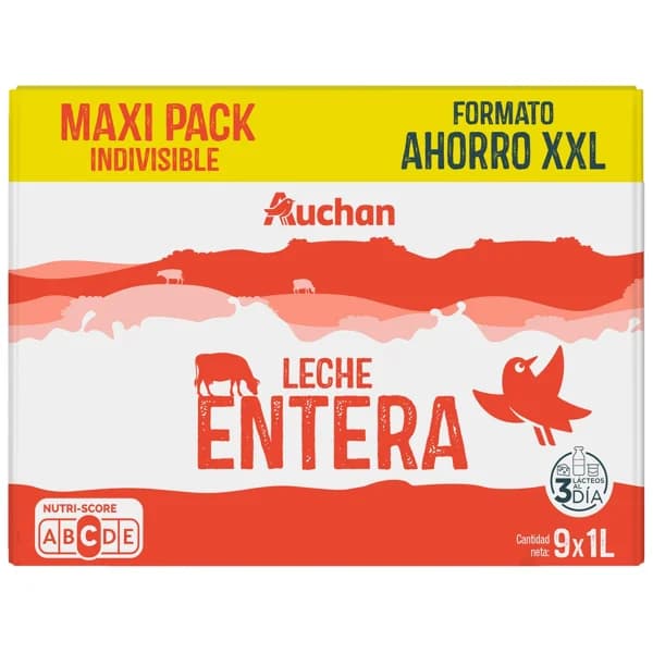 AUCHAN Leche de vaca entera, Maxi Pack Ahorro XXL 9 x 1 l Producto Alcampo. - 9 l - Imagen del producto en Findit