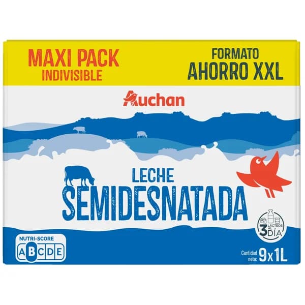 AUCHAN Leche de vaca semidesnatada, Maxi Pack Ahorro XXL 9 x 1 l Producto Alcampo. - 9 l - Imagen del producto en Findit