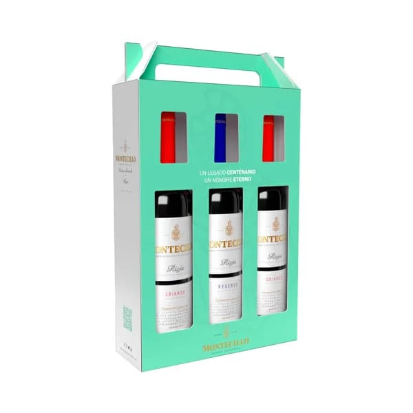 MONTECILLO Estuche con 2 botellas de vino tinto crianza y botella de vino tinto reserva con D.O.Ca Rioja. - 1 ud - Imagen del producto en Findit