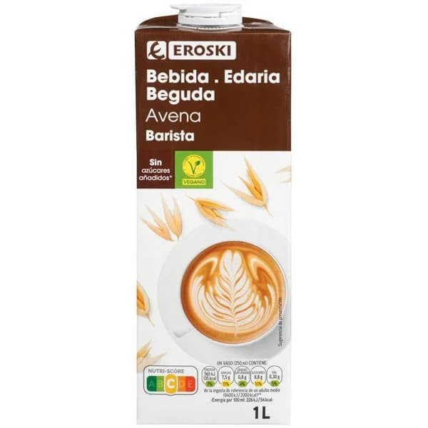 Bebida vegetal de avena barista EROSKI, brik 1 litro - 1 l - Imagen del producto en Findit