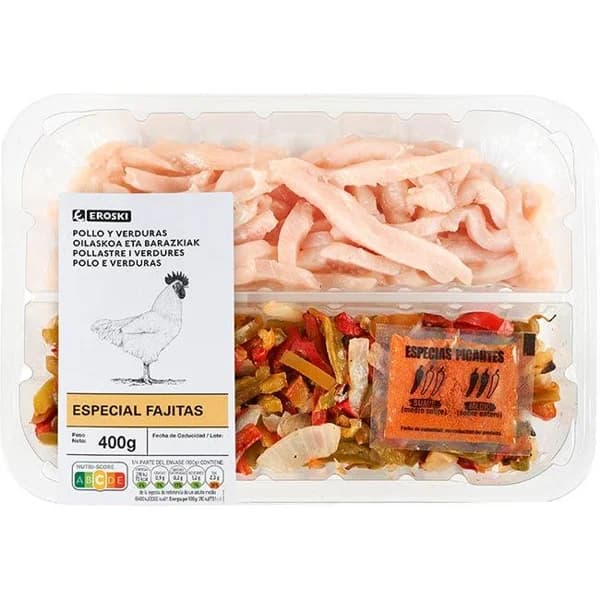 Tiras de pollo con verduras para fajitas EROSKI, bandeja 400 g - 1 ud - Imagen del producto en Findit