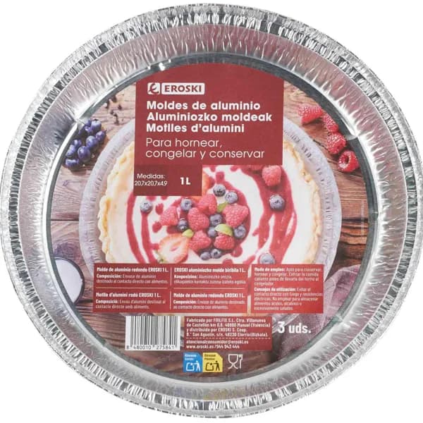 Molde de aluminio redondo 1 litro EROSKI, pack 12 uds - 3 ud - Imagen del producto en Findit