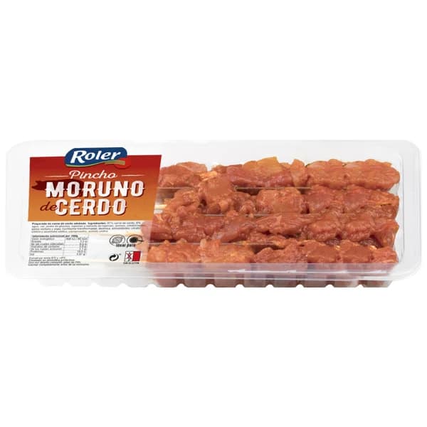Bandeja con pinchos morunos (carne de cerdo adobada), elaborados sin gluten ROLER 4 uds. - 0.33 kg - Imagen del producto en Findit