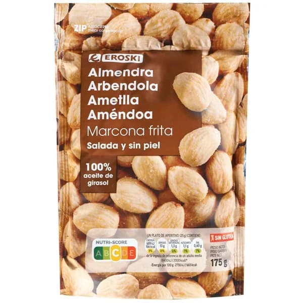 Almendra Marcona repelada frita EROSKI, bolsa 175 g - 0.18 kg - Imagen del producto en Findit