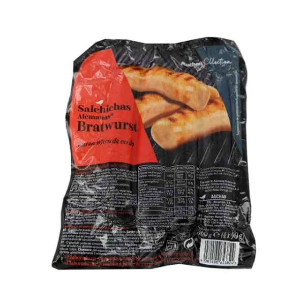 ALCAMPO GOURMET Salchichas alemanas cocidas de cerdo, tipo Bratwurst ALCAMPO GOURMET 4 x 90 g. - 0.36 kg - Imagen del producto en Findit