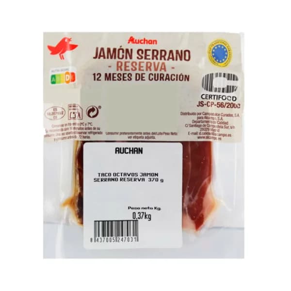 AUCHAN Taco de jamón serrano reserva (12 meses de curación) 370 g. Producto Alcampo - 0.37 kg - Imagen del producto en Findit