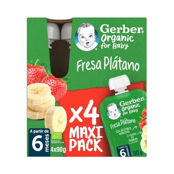 GERBER Organic Bolsita (pouch) de fruta, ecológica (fresa y plátano) para bebés a partir 6 meses. - 0.36 kg - Imagen del producto en Findit
