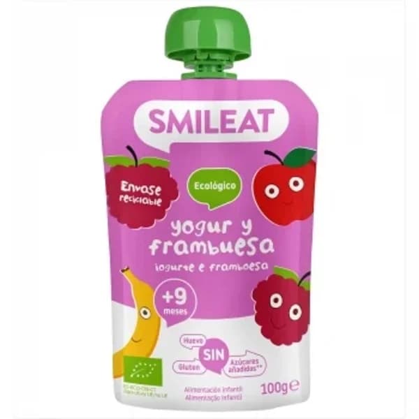 Bolsita de yogur de frambuesa desde 9 meses ecológico Smileat sin gluten y sin azúcar añadido 100 g. - 0.1 kg - Imagen del producto en Findit