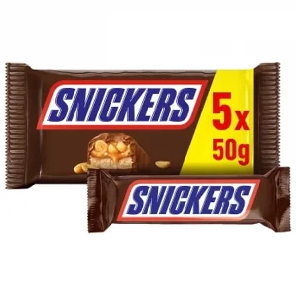 Barritas de chocolate con leche, crema de cacahuete, caramelo y cacahuetes Snickers 5 ud. - 0.25 kg - Imagen del producto en Findit