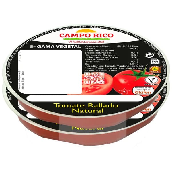 Tomate rallado 100% natural, sin aditivos, ni conservantes ni gluten CAMPO RICO 2 x 110 g. - 0.22 kg - Imagen del producto en Findit