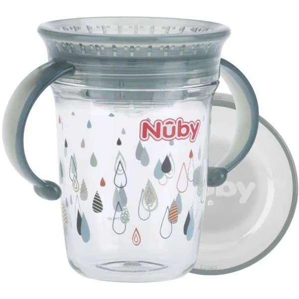 Taza mágica 360º con asas de color gris.Hecha de Tritan,dura, transparente y resistente. Con válvula de silicona que cierra automáticamente cuando el niño deja de beber, 240ML +6M.NUBY - 1 ud - Imagen del producto en Findit