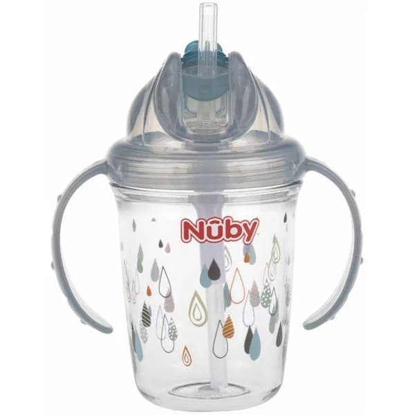 Taza con asas de color gris, hecha de Tritan,dura, transparente y resistente. Con pajita de silicona, tapa higiénica y abatible.240 ML +12m. NUBY - 1 ud - Imagen del producto en Findit