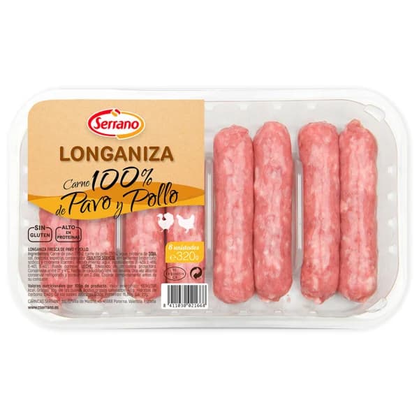 Bandeja de longanizas mixtas (100% carne de pavo y pollo) SERRANO 320 g. - 0.32 kg - Imagen del producto en Findit
