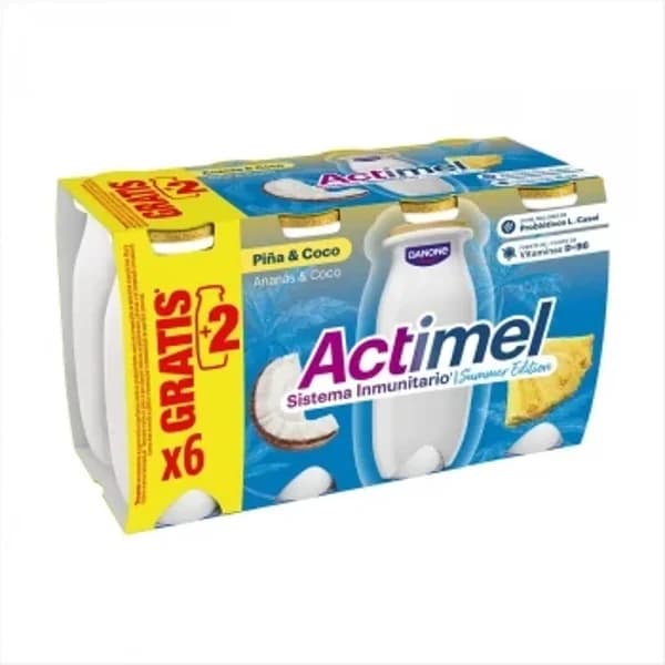 Leche desnatada fermentada con piña y coco Actimel Danone sin gluten pack de 6 unidades de 100 g. - 0.6 kg - Imagen del producto en Findit